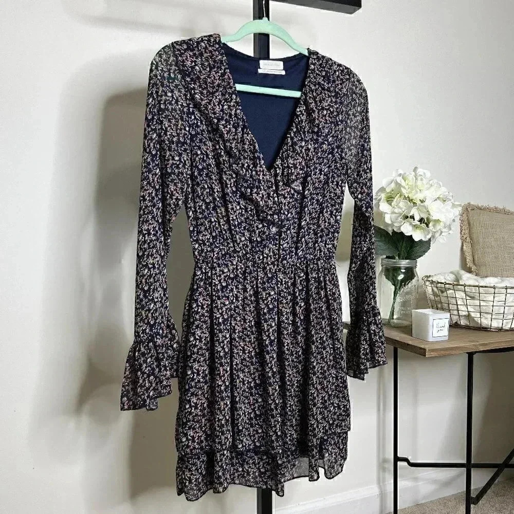 Urban Outfitters Floral Navy Blue Dress - Extra Small - Ruffle Neck and Sleeves